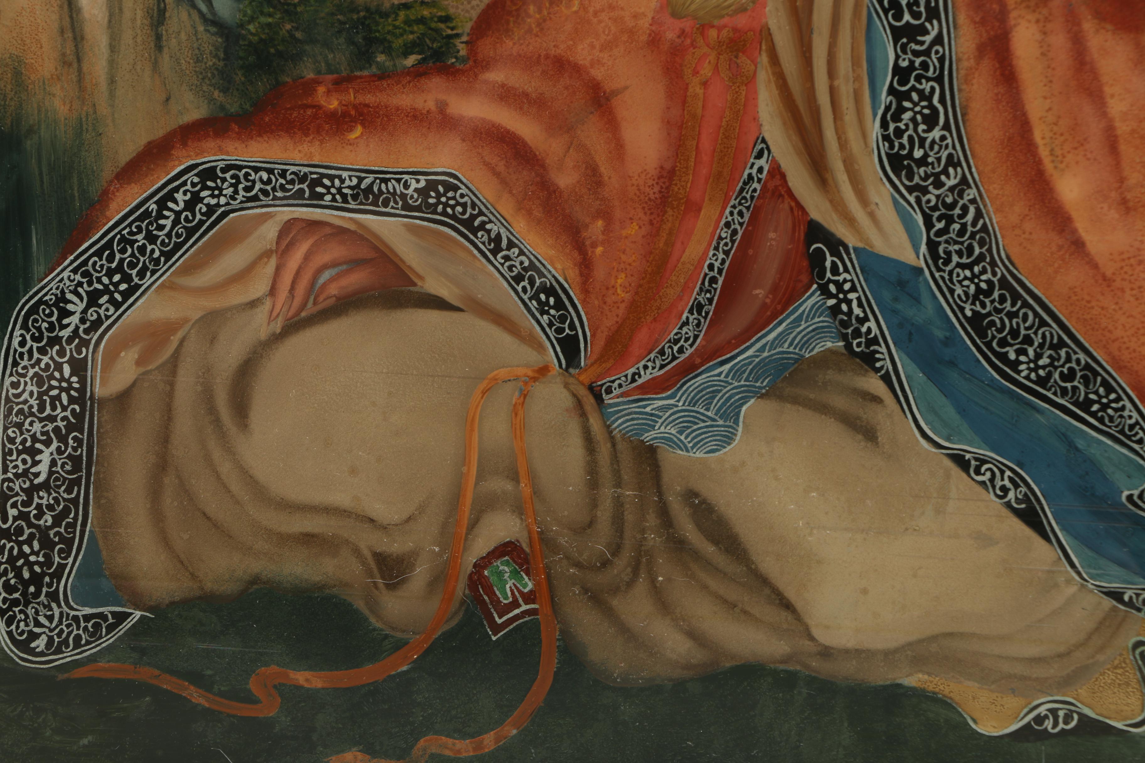 Vintage Chinese-Inspired Reverse Painting on Glass of Seated Figure with Bull