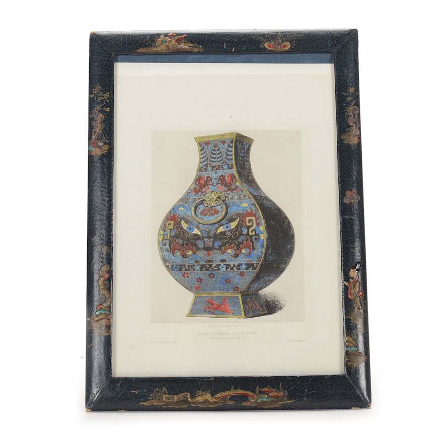 1863 Hand-Colored Engraving "Vase en Émail Cloisonné"