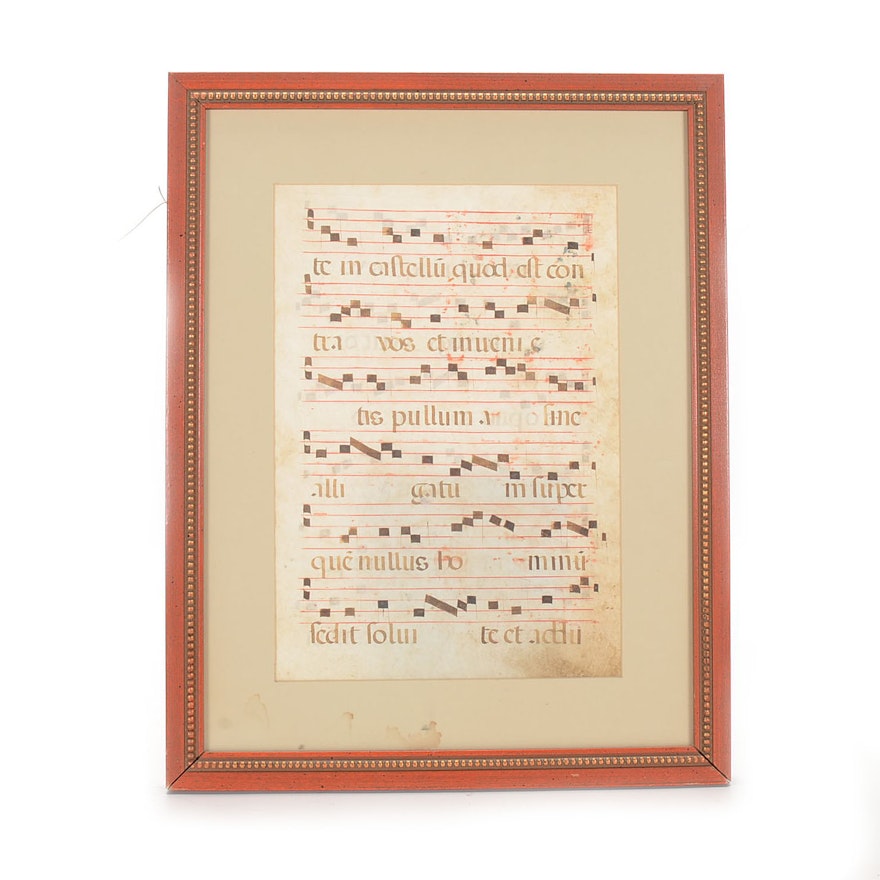 Antique Calligraphed Latin Manuscript Leaf from Antiphonal Book of Song