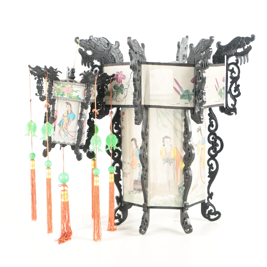 Pair of Chinese Folding Wood Lanterns with Painted Silk Details