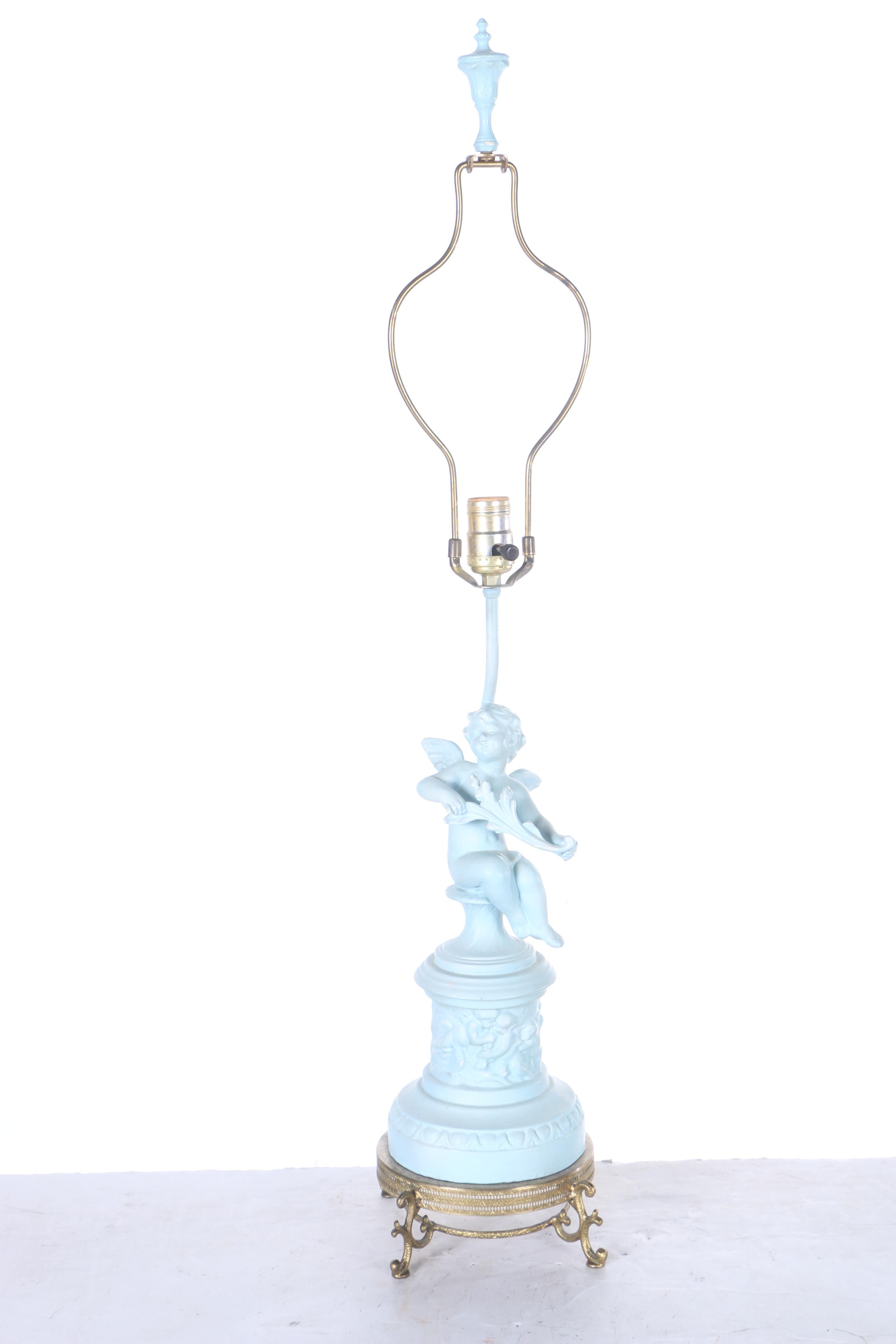 Art Nouveau Blue Cherub Table Lamps
