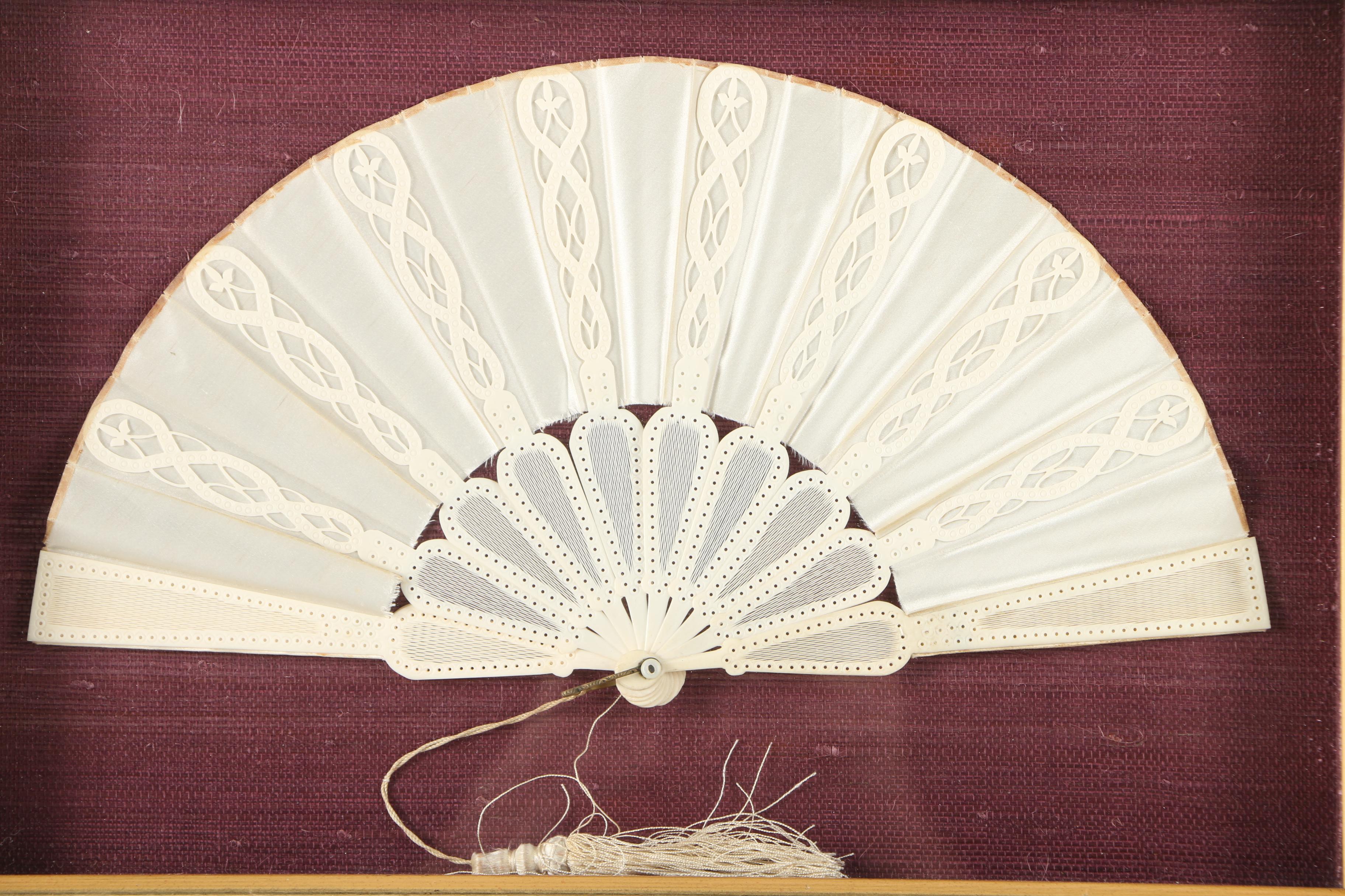 Decorative Silk and Bone Hand Fan Mounted in a Wood Frame