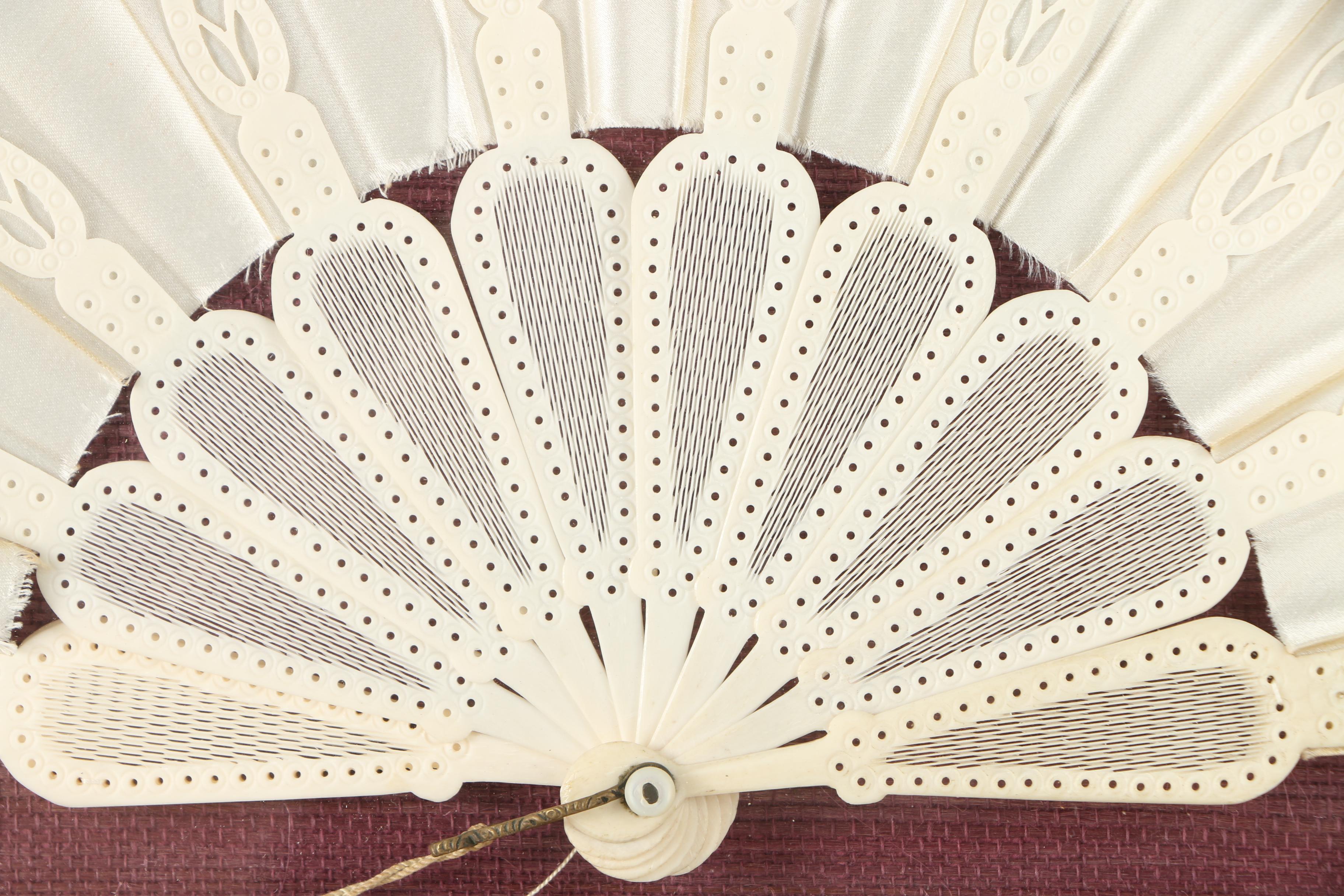 Decorative Silk and Bone Hand Fan Mounted in a Wood Frame