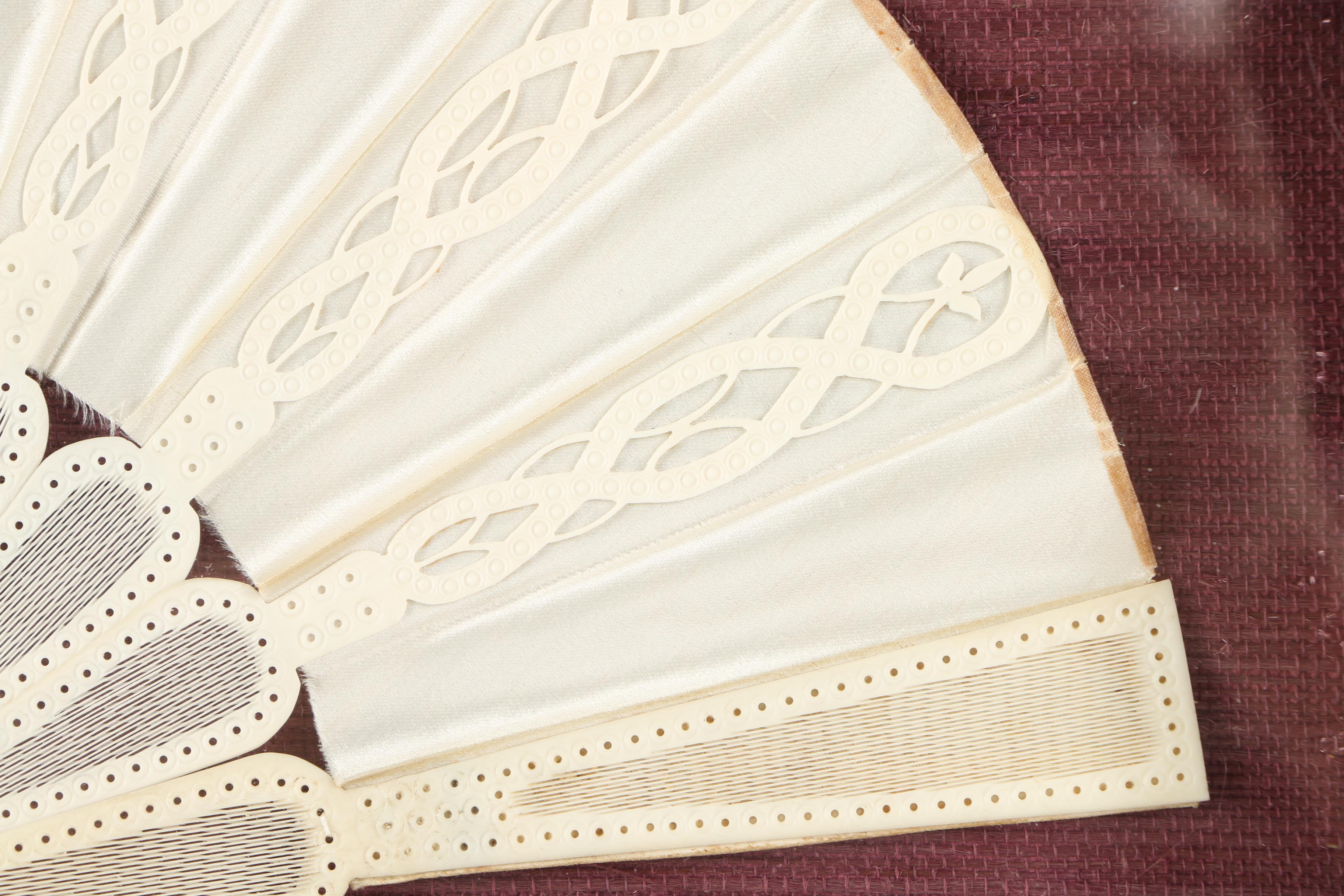 Decorative Silk and Bone Hand Fan Mounted in a Wood Frame