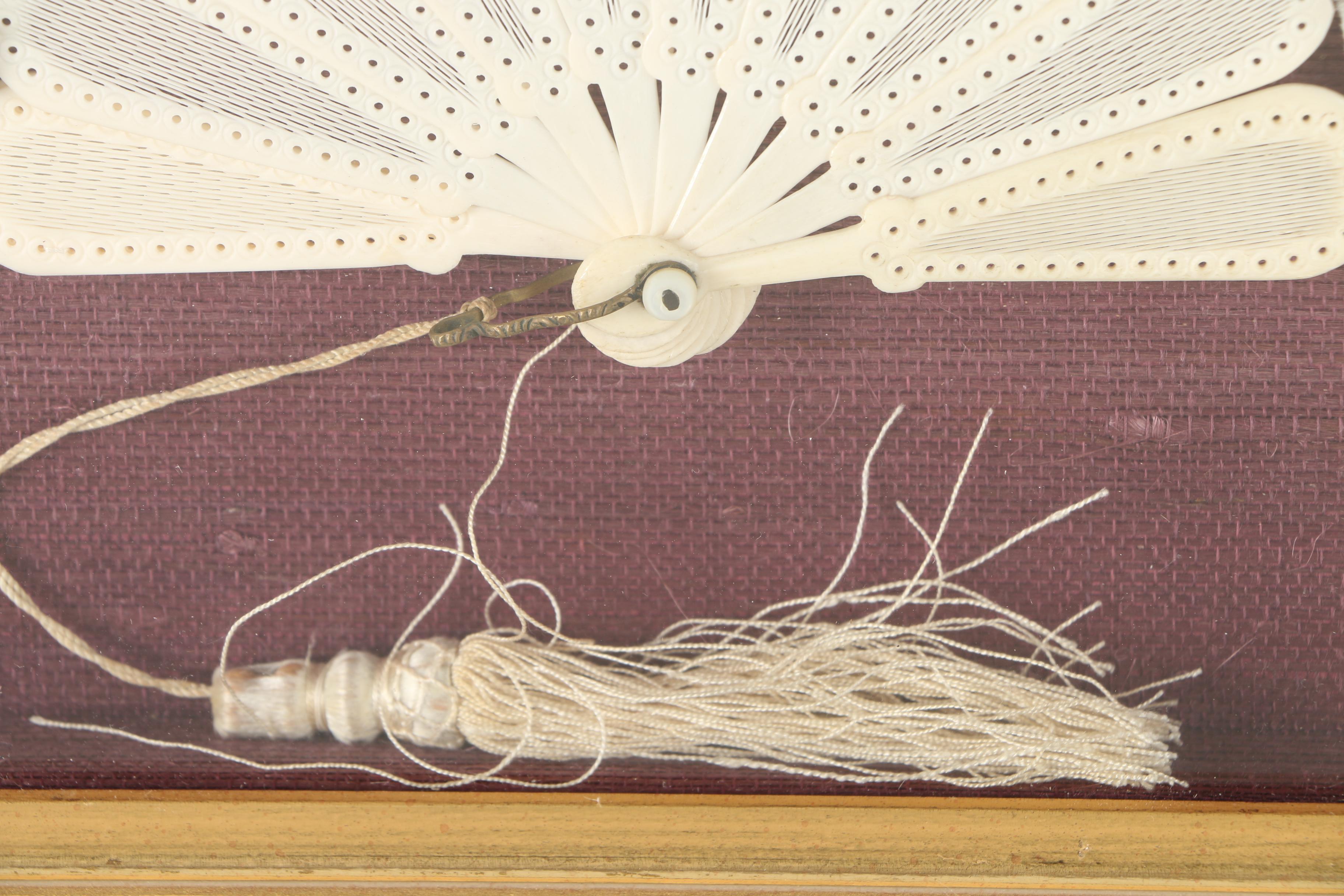 Decorative Silk and Bone Hand Fan Mounted in a Wood Frame