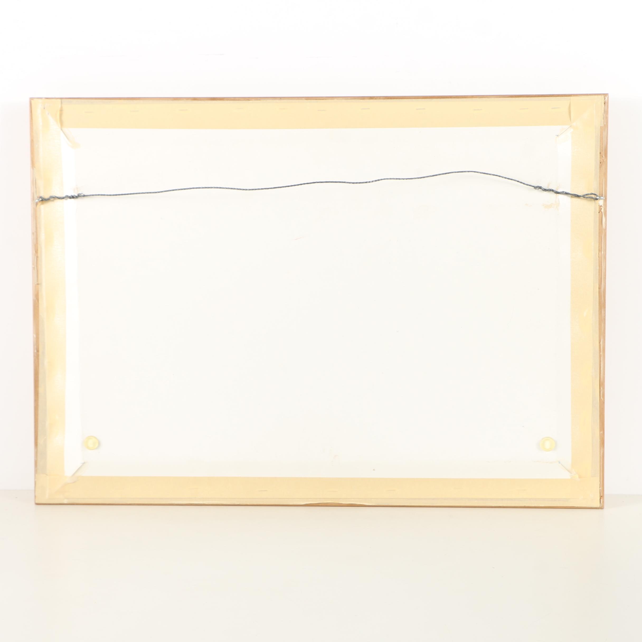 Decorative Silk and Bone Hand Fan Mounted in a Wood Frame