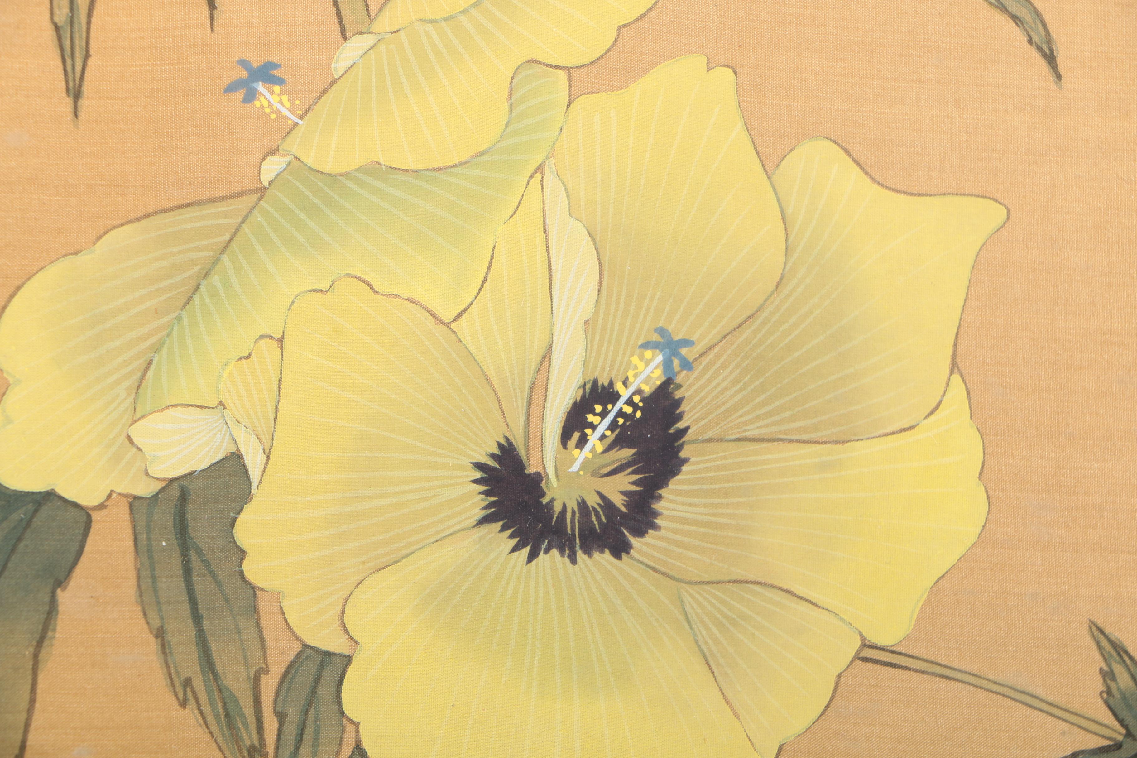 Chinese Ink on Silk Painting of a Butterfly and Flowers