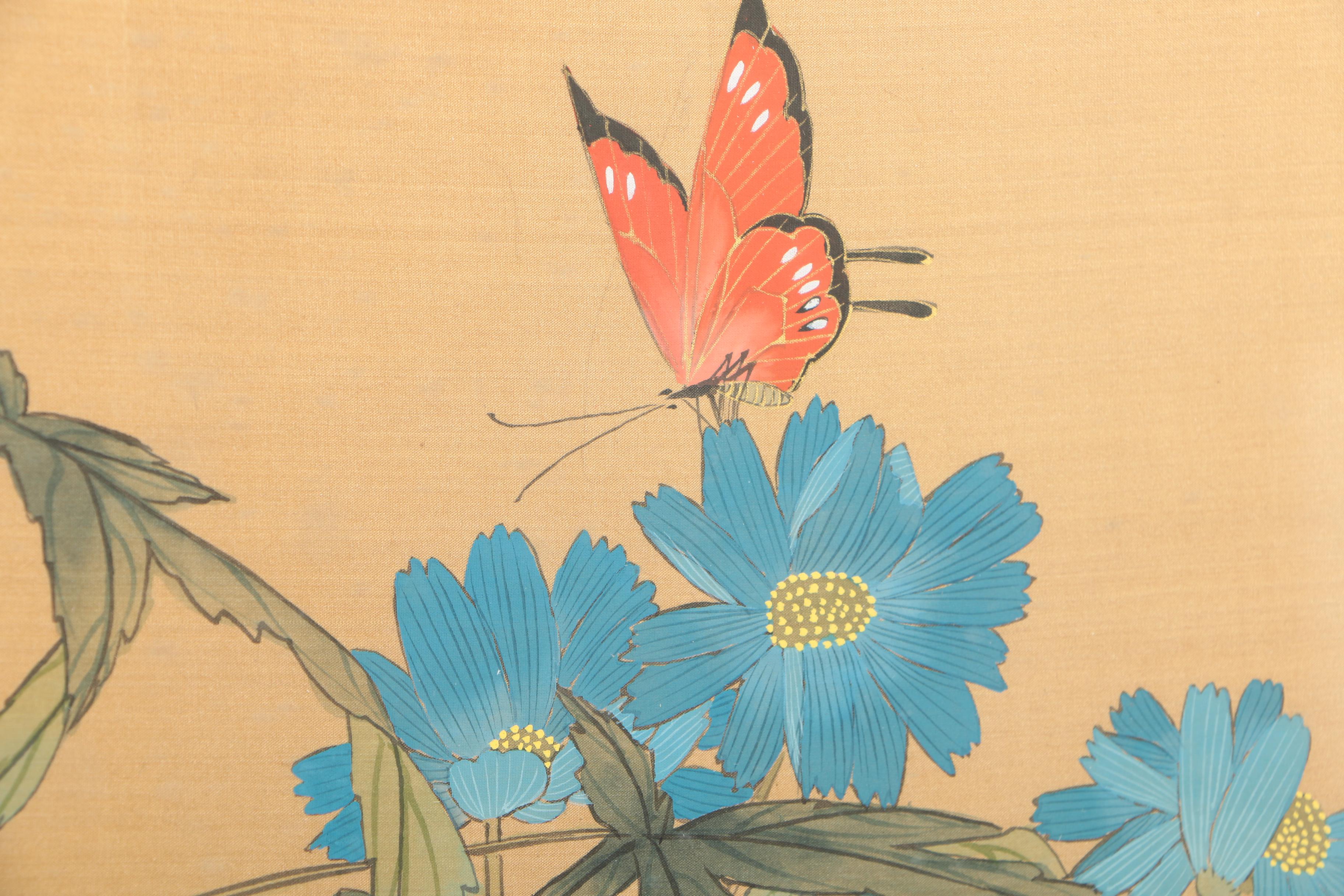 Chinese Ink on Silk Painting of a Butterfly and Flowers