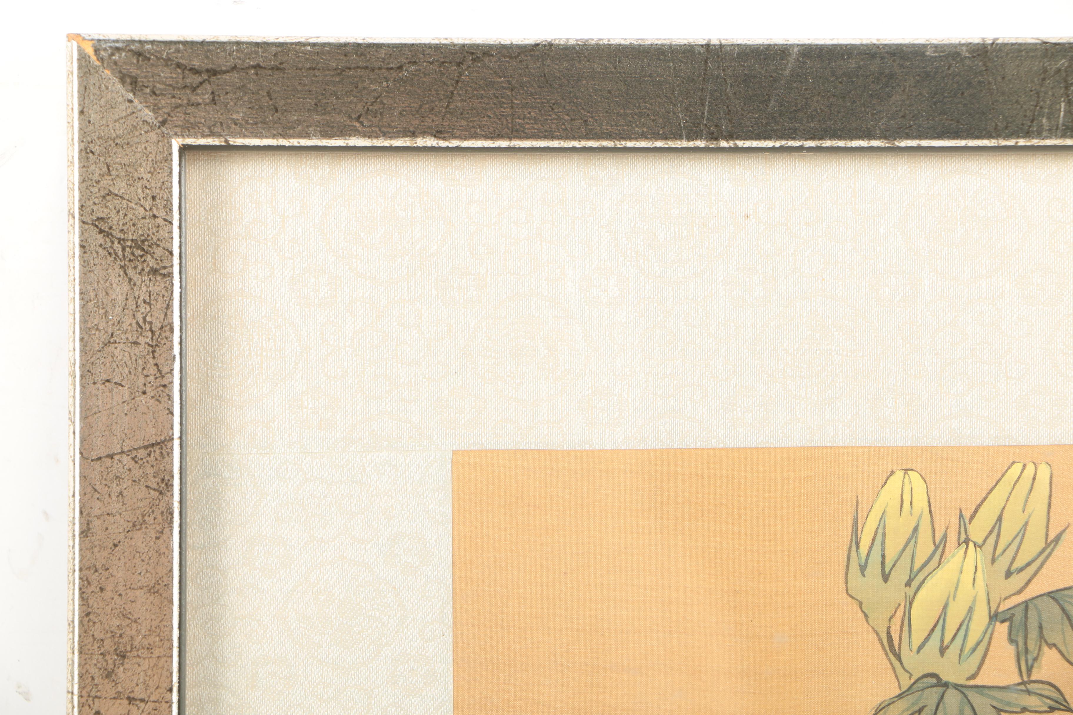 Chinese Ink on Silk Painting of a Butterfly and Flowers