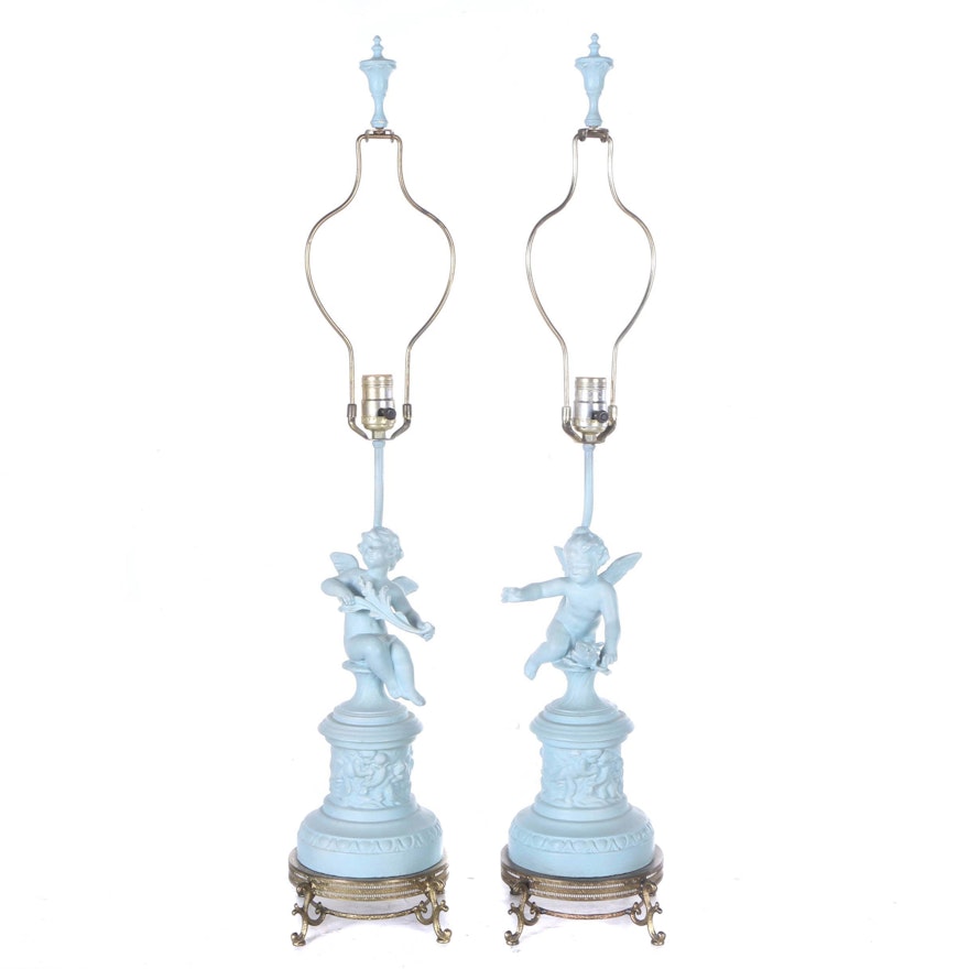 Art Nouveau Blue Cherub Table Lamps