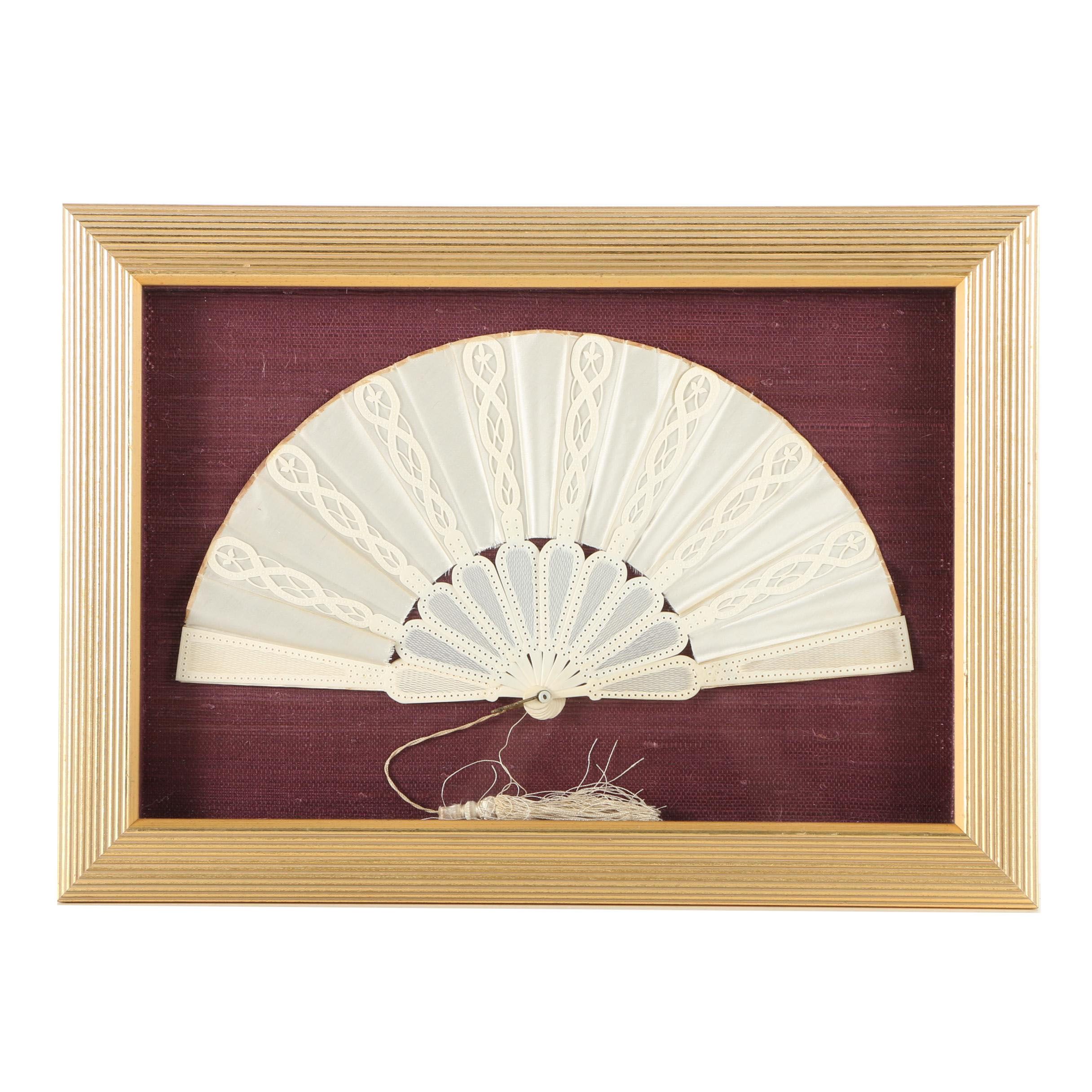 Decorative Silk and Bone Hand Fan Mounted in a Wood Frame