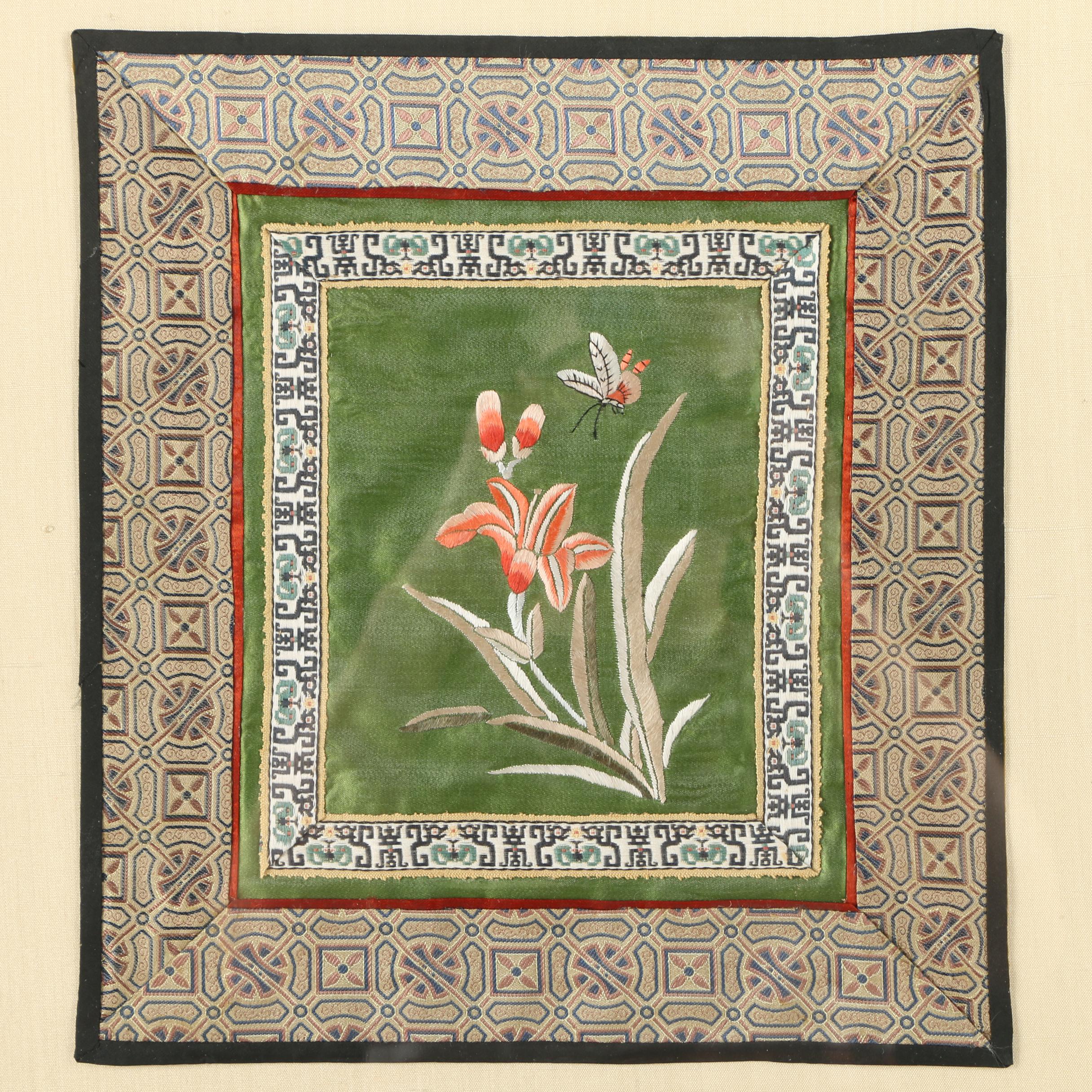 Chinese Silk Embroidery Panel of Flowers with a Butterfly