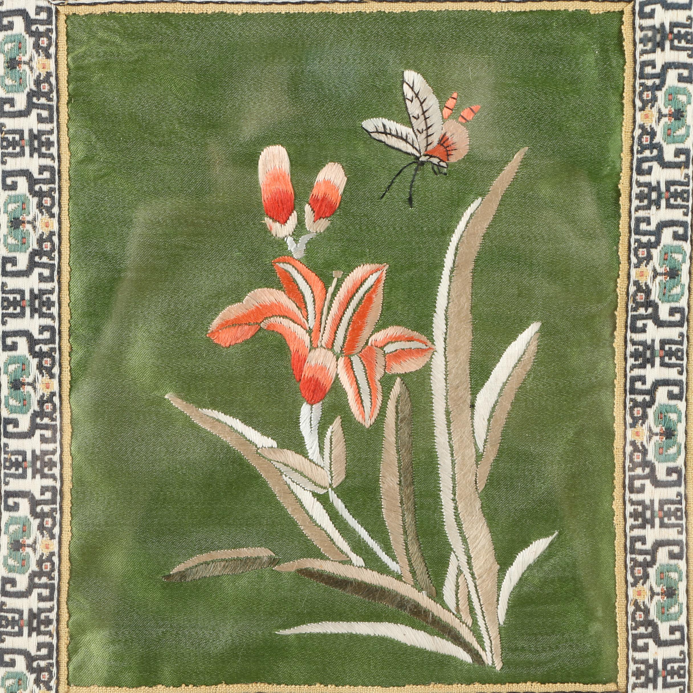Chinese Silk Embroidery Panel of Flowers with a Butterfly