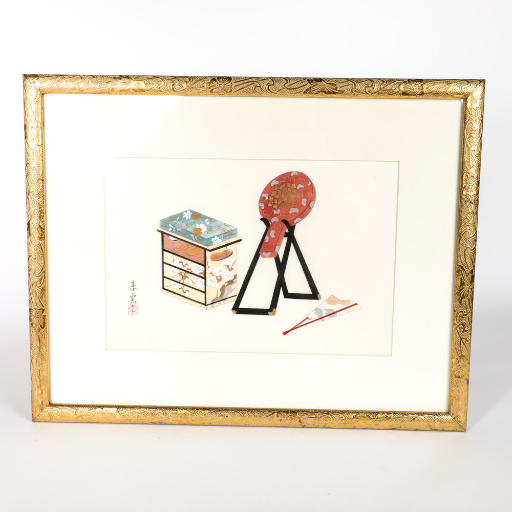 Vintage Ink and Pastel on Silk Painting in Decorative Matte Gilt Wood Frame