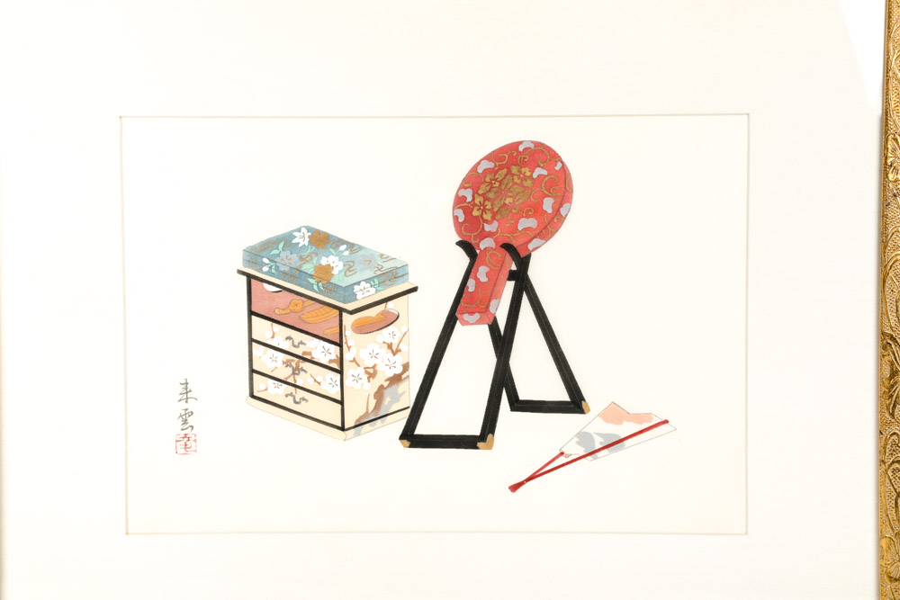 Vintage Ink and Pastel on Silk Painting in Decorative Matte Gilt Wood Frame