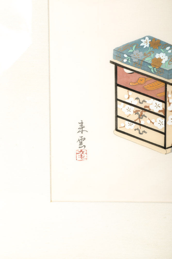 Vintage Ink and Pastel on Silk Painting in Decorative Matte Gilt Wood Frame