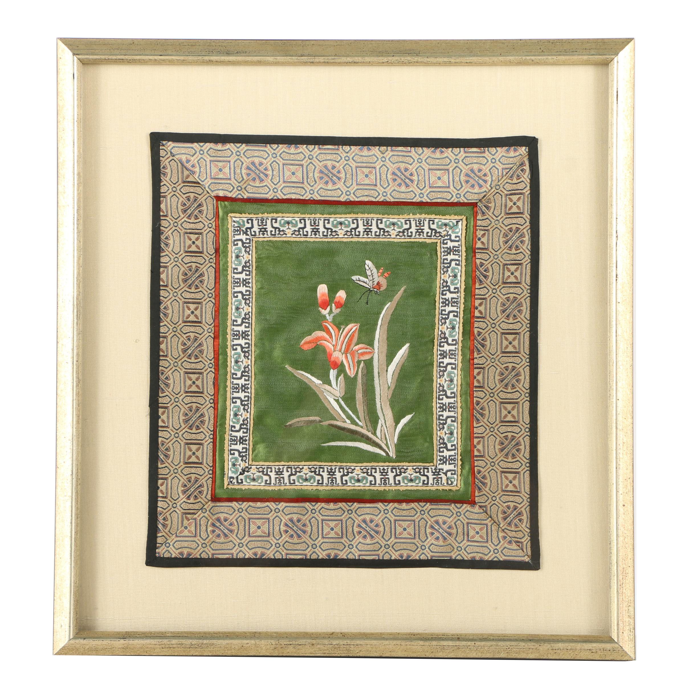 Chinese Silk Embroidery Panel of Flowers with a Butterfly