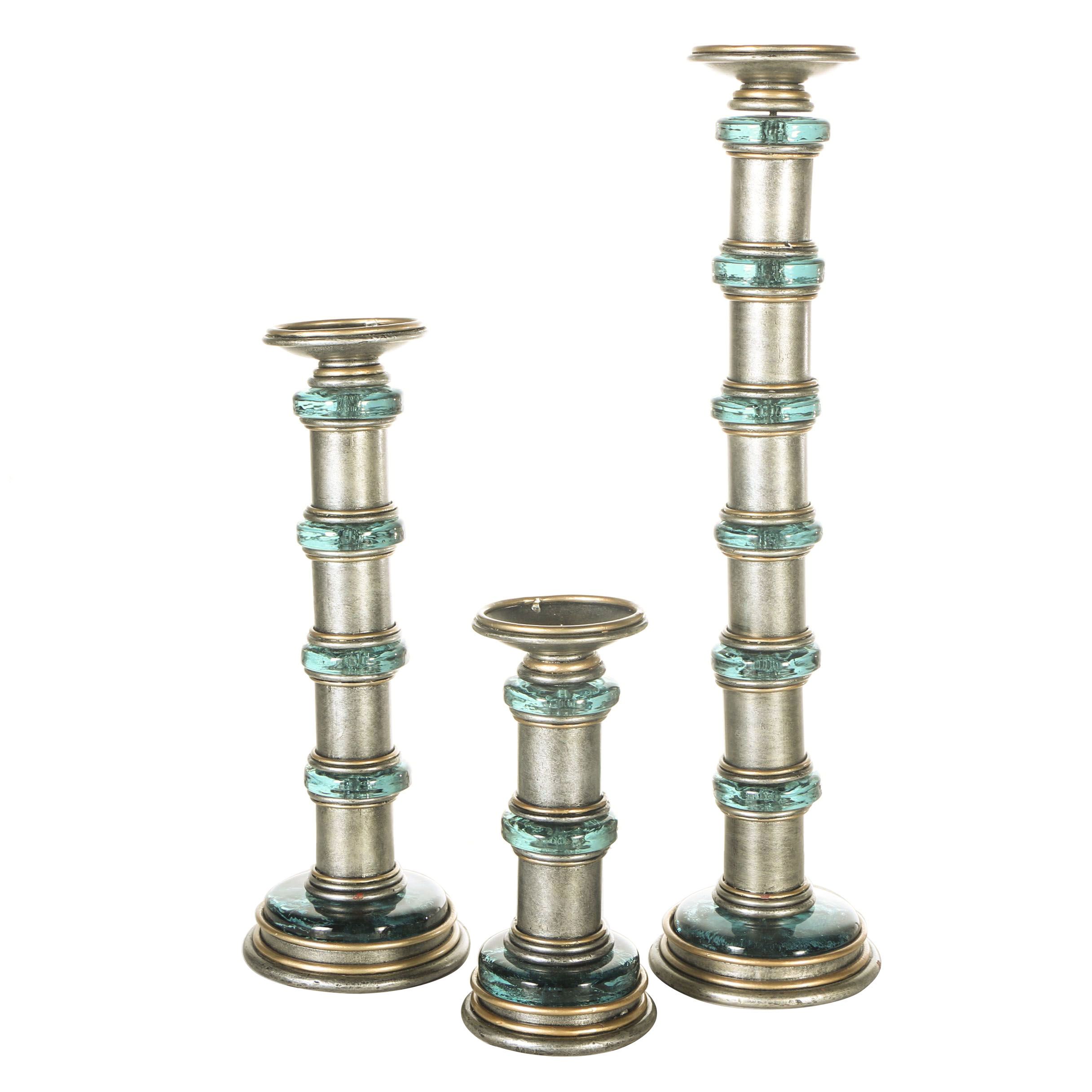 Three Metal and Glass Candlesticks