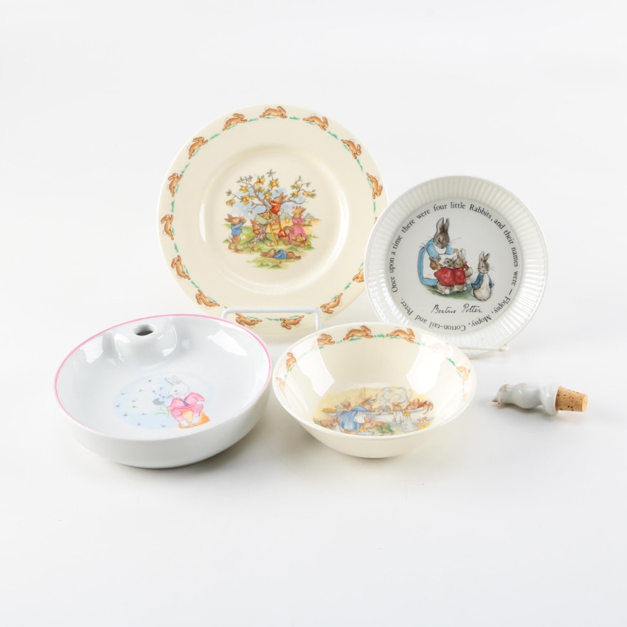 Porcelain Childern's Dishes and Wine Stopper Featuring Wedgwood