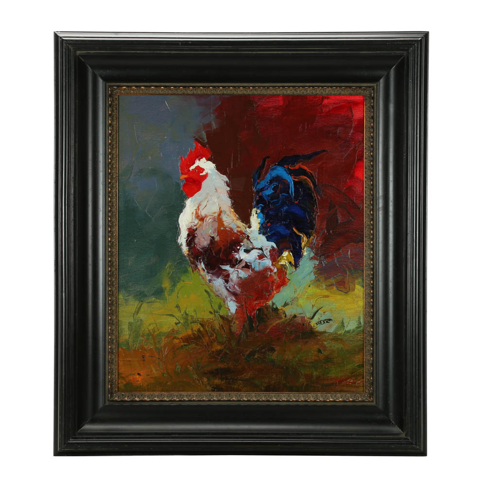 P. Charles Oil Painting of a Rooster