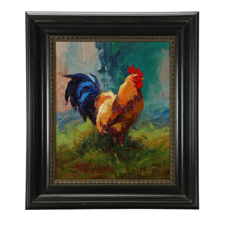 R. Charles Oil Painting of a Rooster