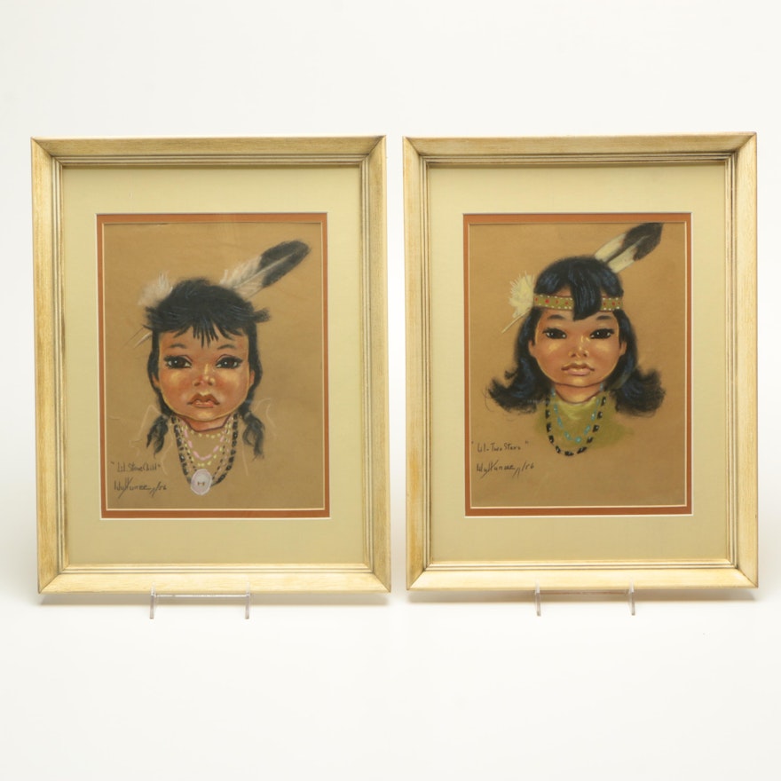 1956 Pastel Drawings on Paper of Native American-Inspired Children
