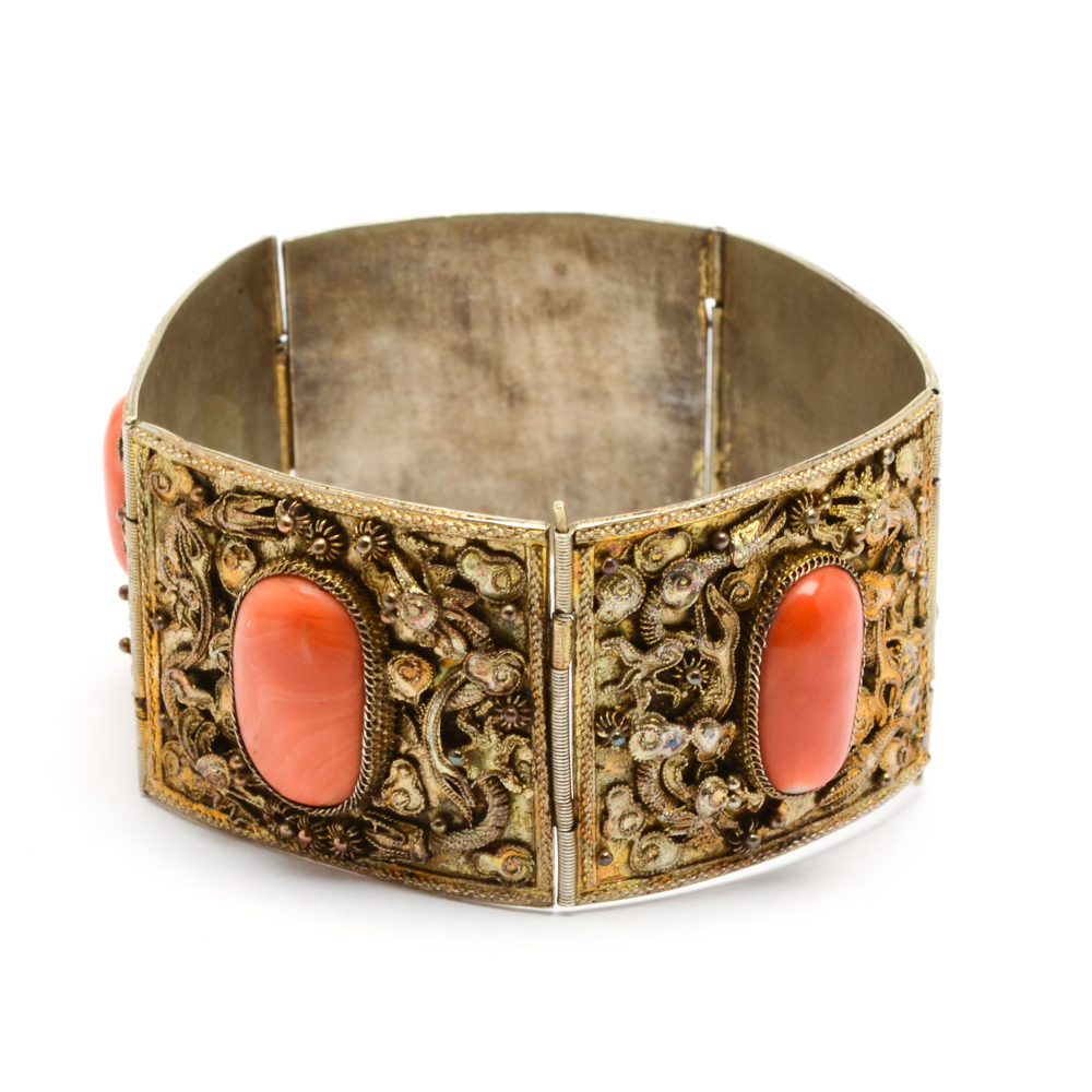 Early 20th Century Vintage Chinese Silver Coral Panel Bracelet in Gold Wash
