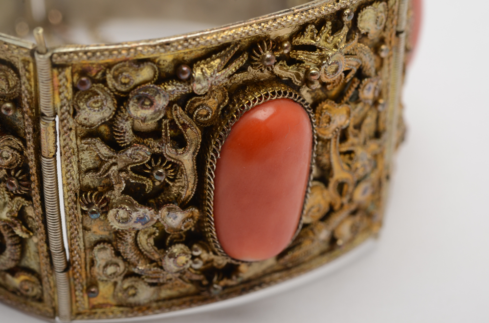 Early 20th Century Vintage Chinese Silver Coral Panel Bracelet in Gold Wash
