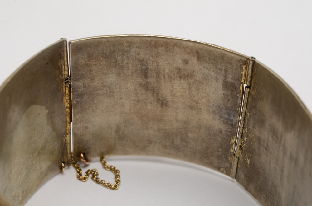 Early 20th Century Vintage Chinese Silver Coral Panel Bracelet in Gold Wash