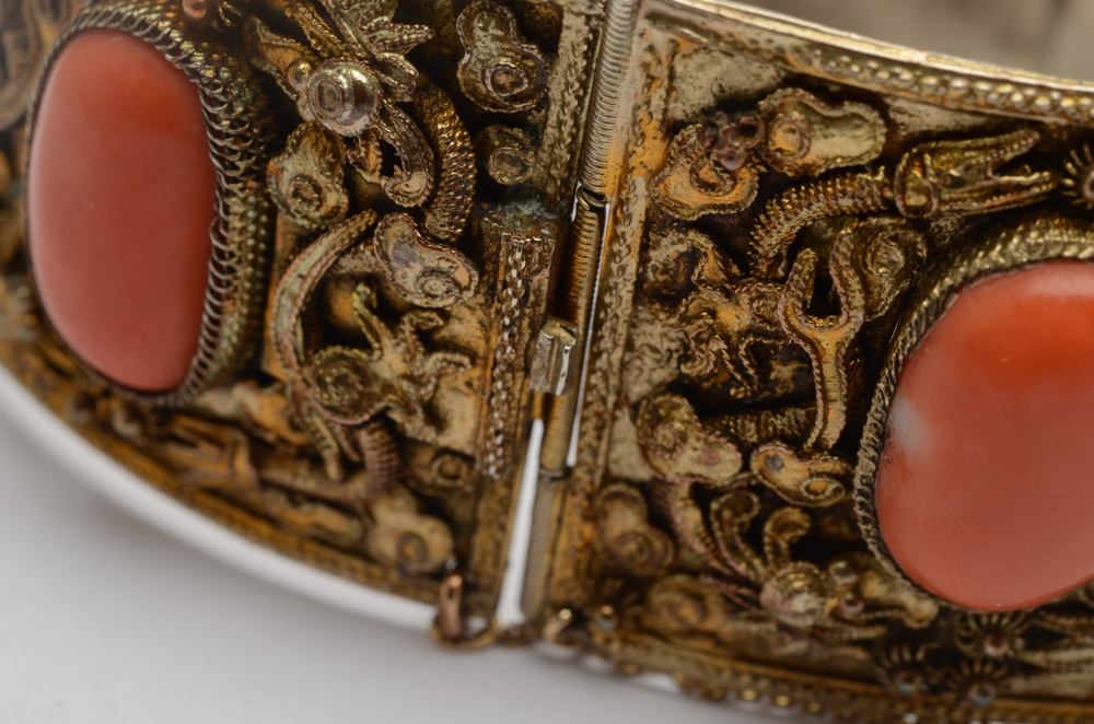 Early 20th Century Vintage Chinese Silver Coral Panel Bracelet in Gold Wash