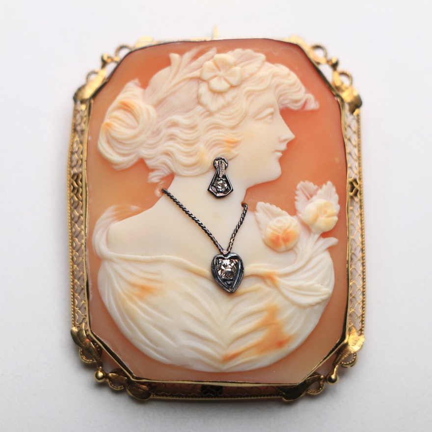 Vintage 14K Yellow Gold and Diamond Habille Shell Cameo Converter Brooch
