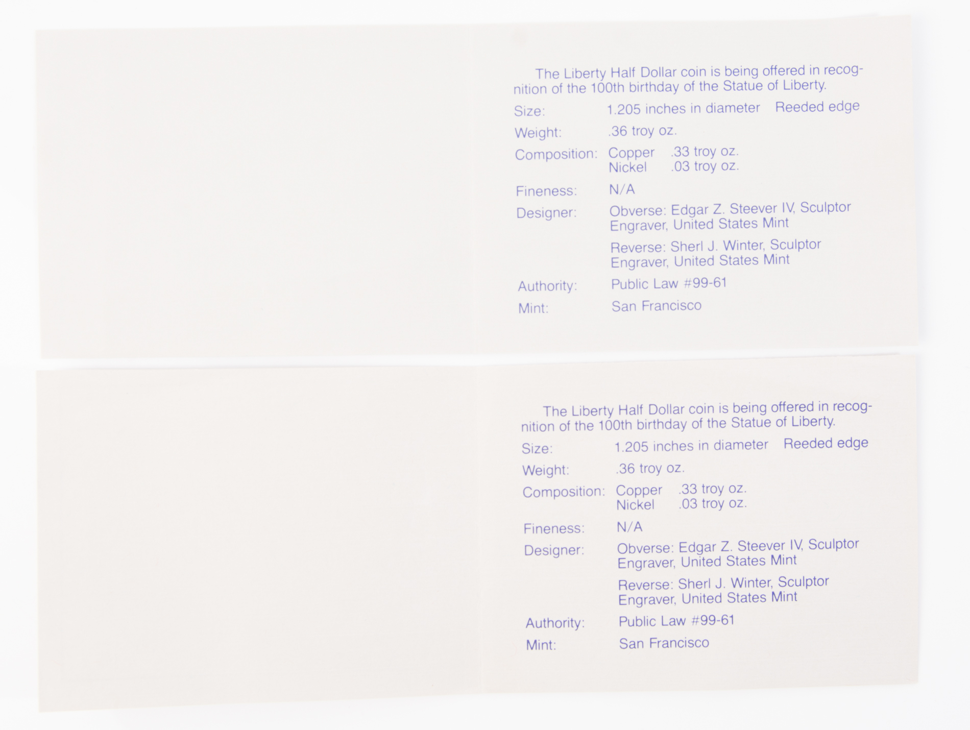 1986 Statue of Liberty Commemorative Half Dollar Proof Coins