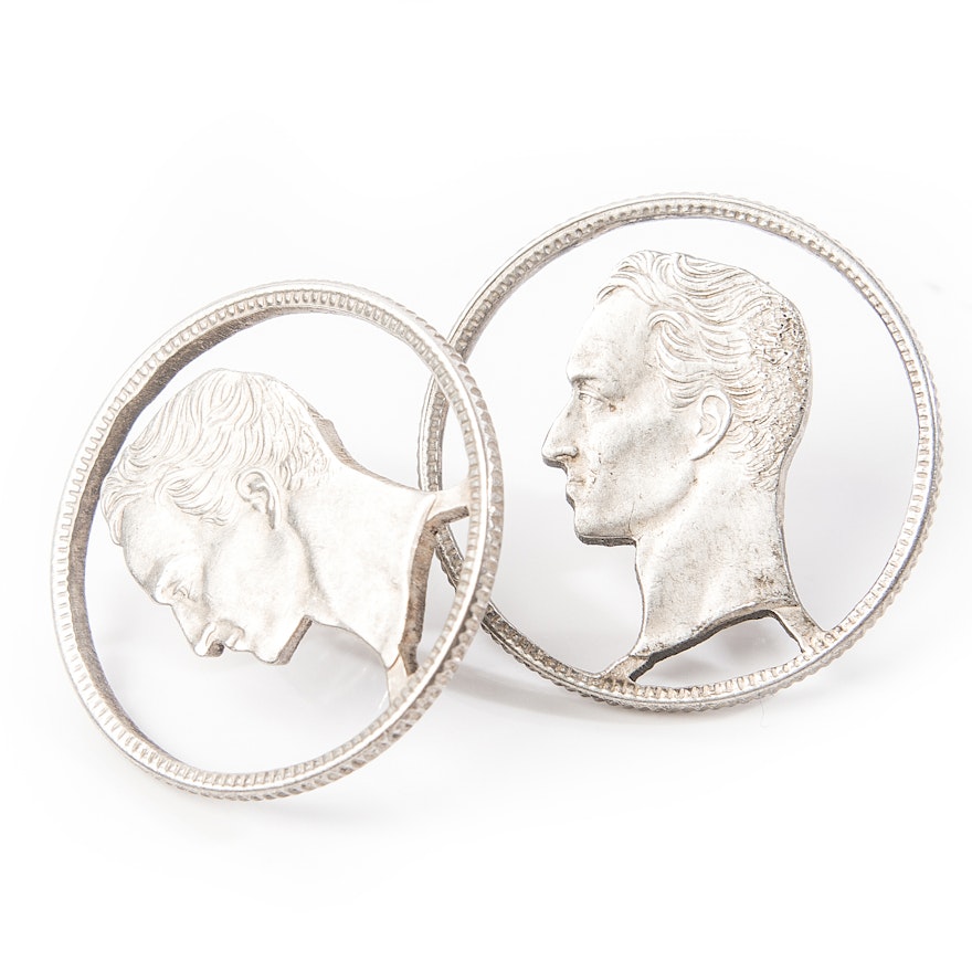 Venezuelan Silver Simon Bolivar Cut-Out Coin Earrings