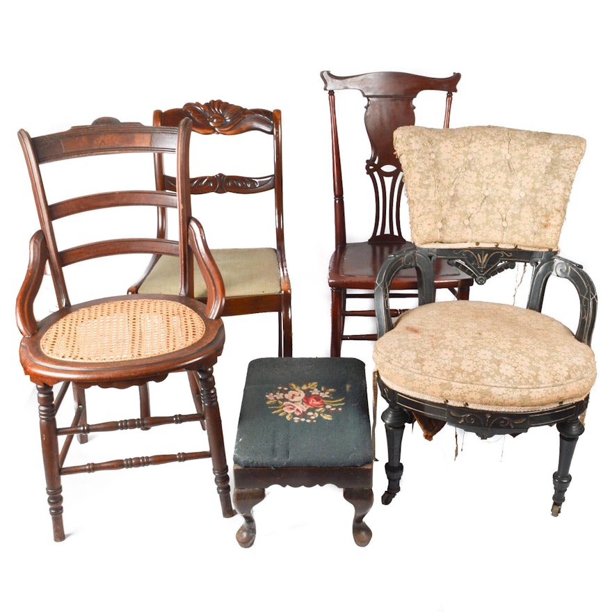 Assorted Antique to Vintage Project Chairs and Footstool