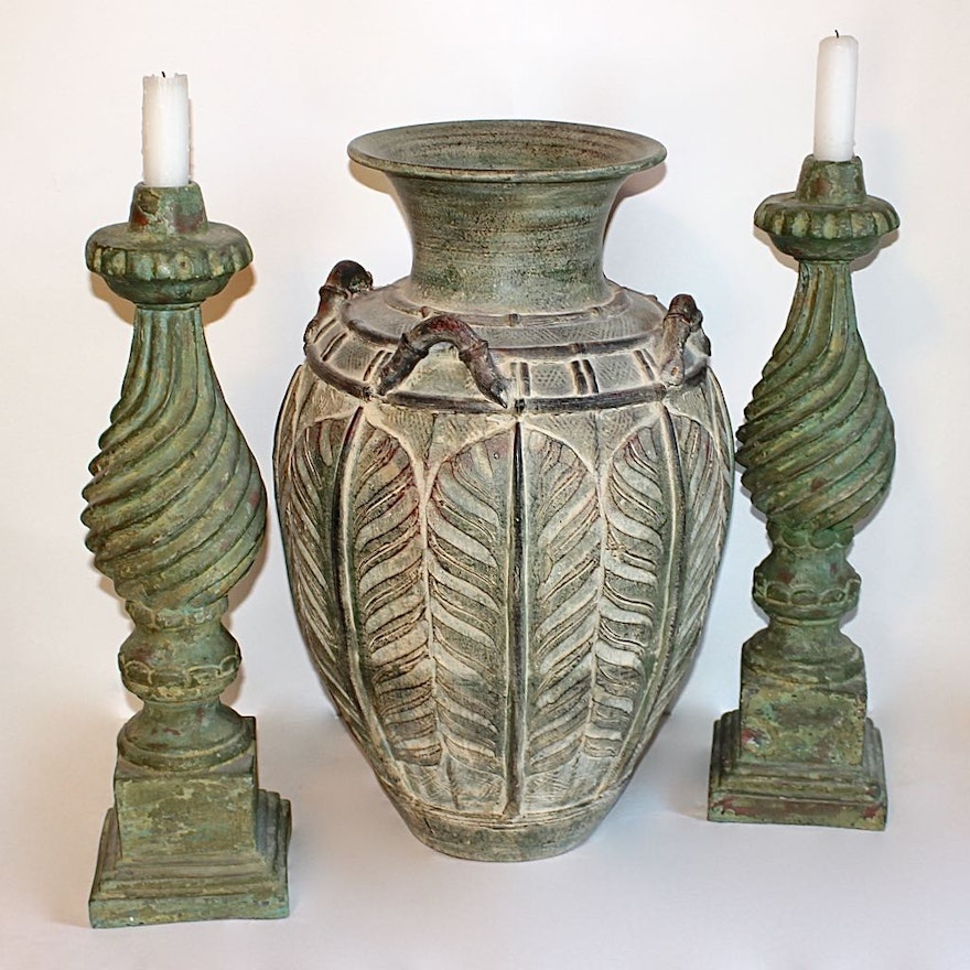Two Large Cast Candlesticks with Artisan Pottery Vessel