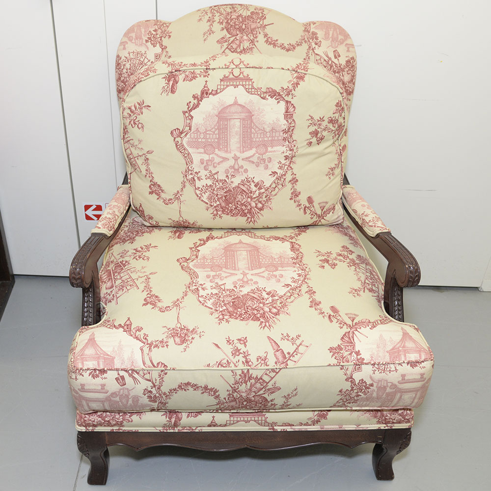 Toile Upholstered Fauteil a la Reine Chair