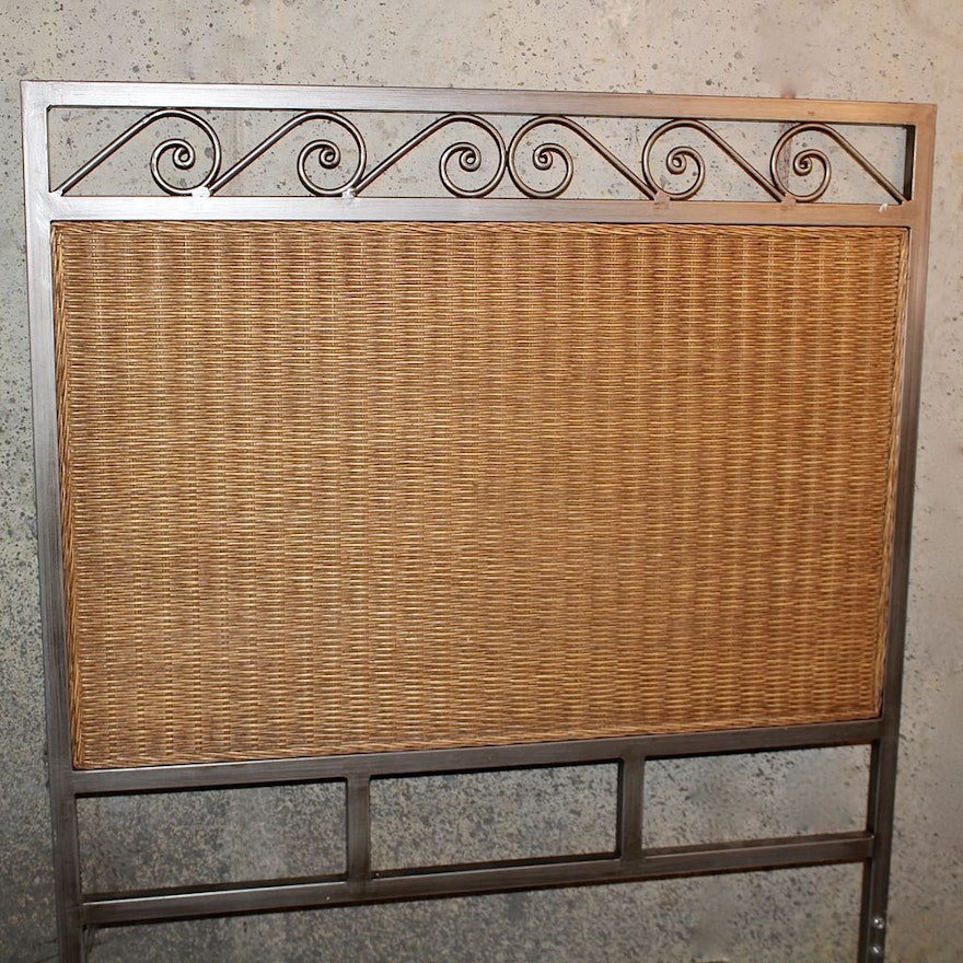 Twin Size Metal & Rattan Weave Headboard with Bed Frame