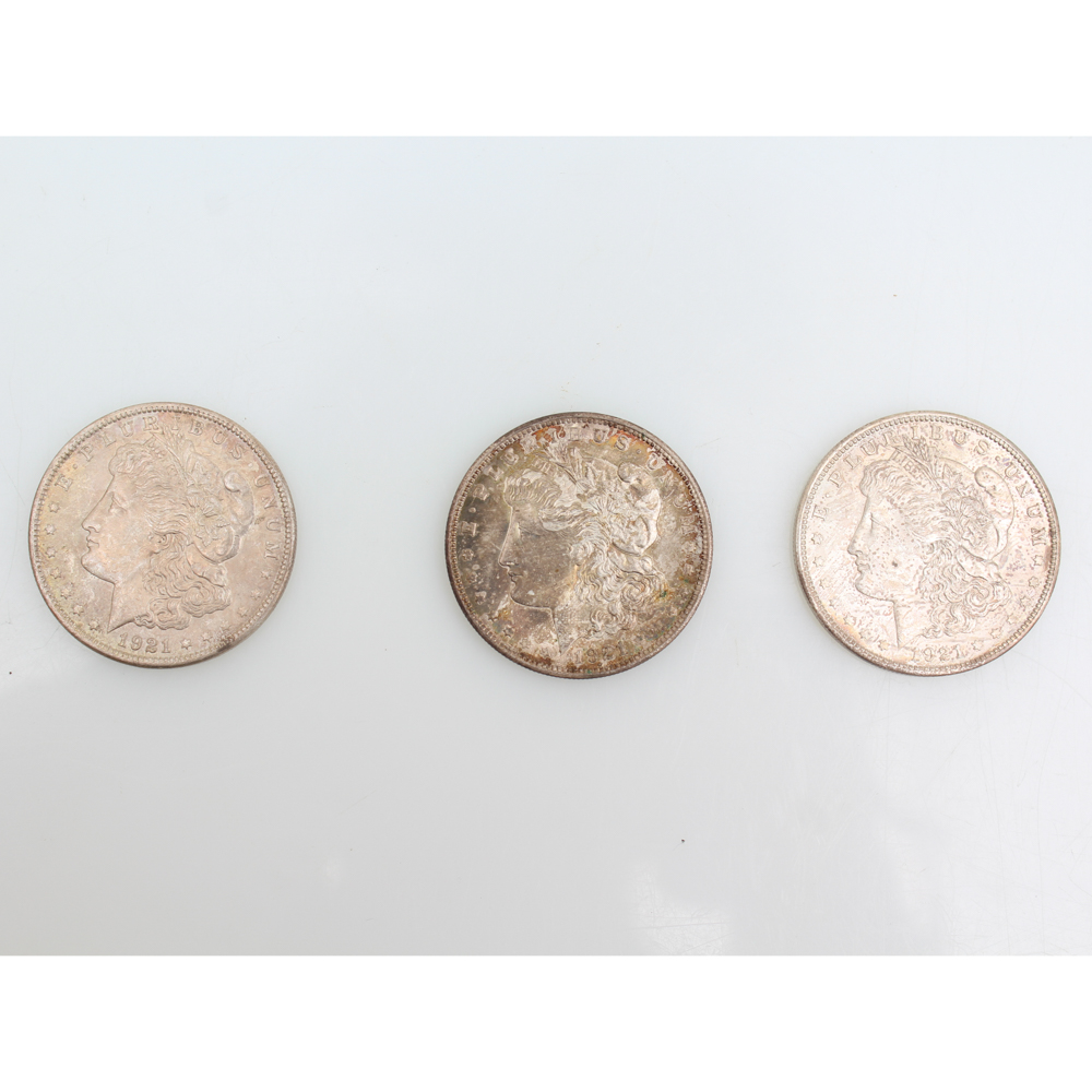 Three 1921 Morgan Silver Dollars
