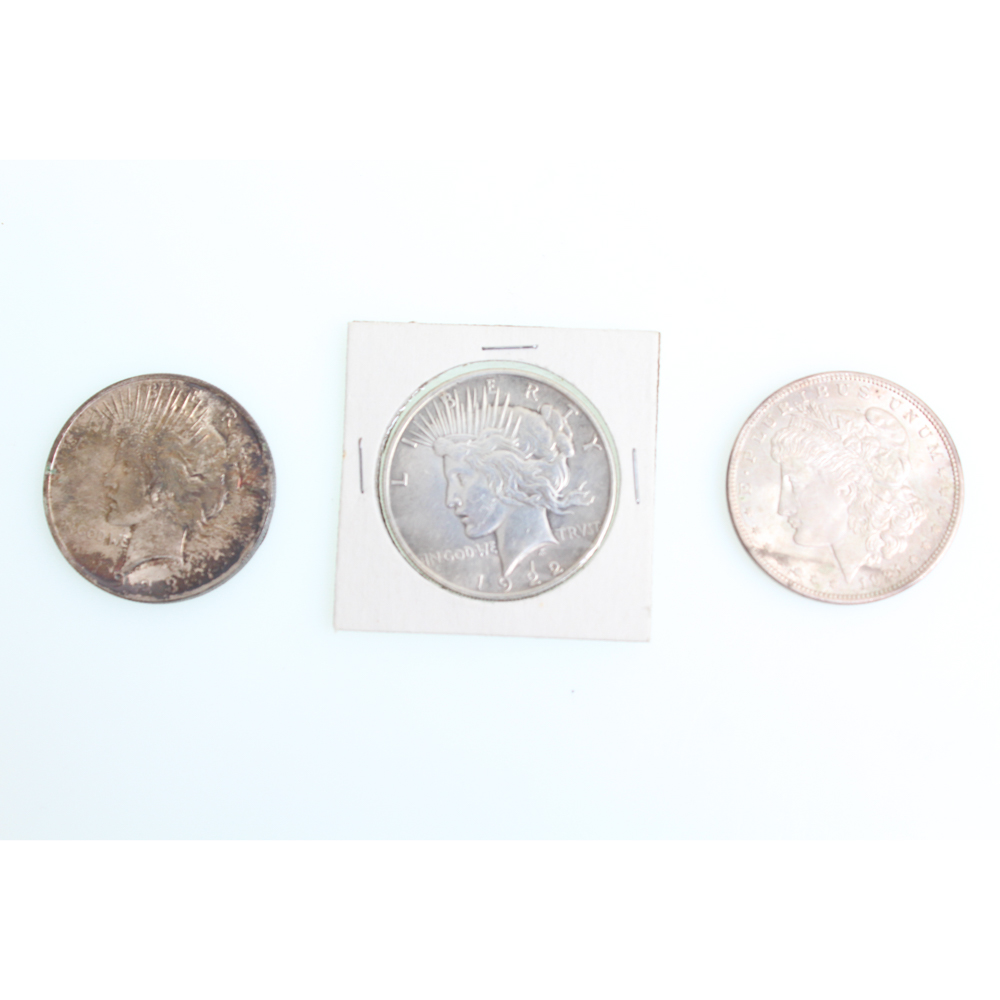 1921 Morgan 1922 and 1923 Peace Silver Dollars