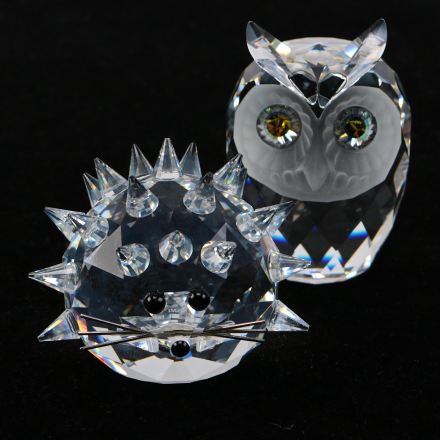 Swarovski Crystal Owl and Porcupine Figurines