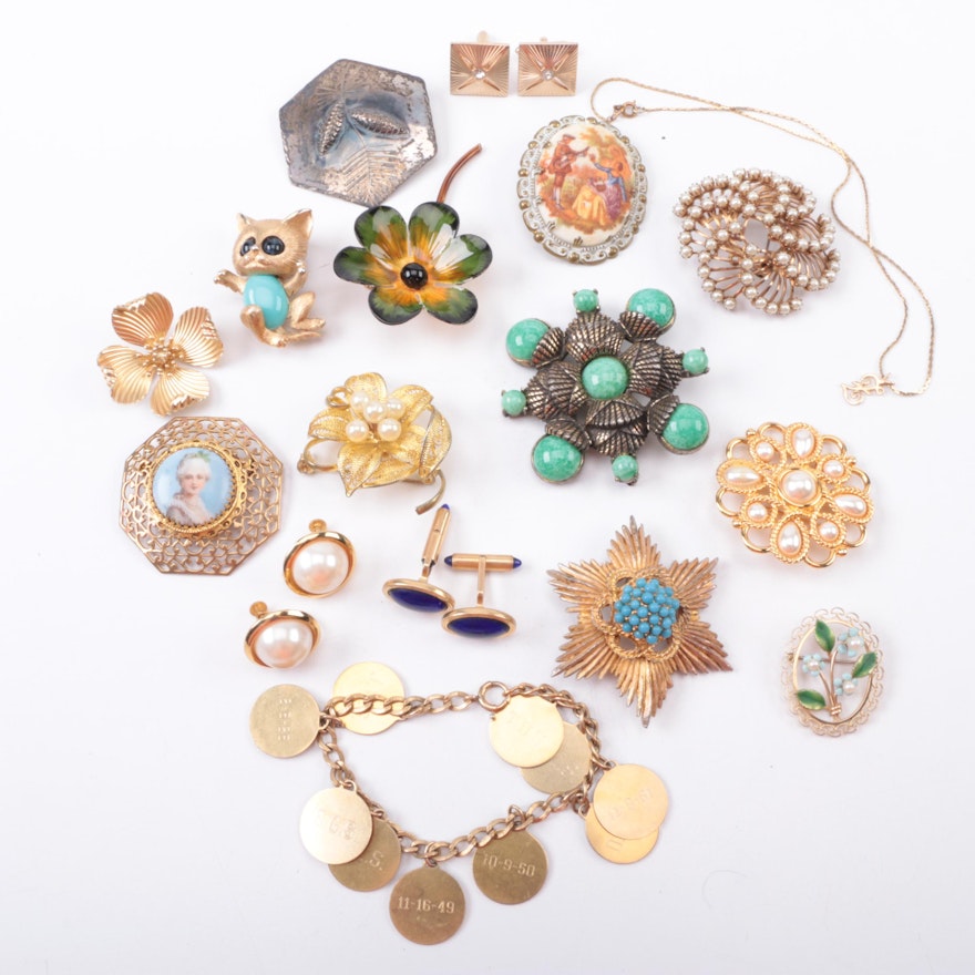 Assorted Costume Jewelry Including a Sterling Silver Brooch