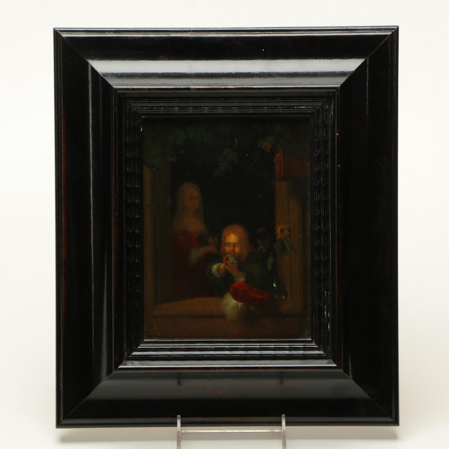 Oil Painting on Wooden Panel of Two Figures at a Window