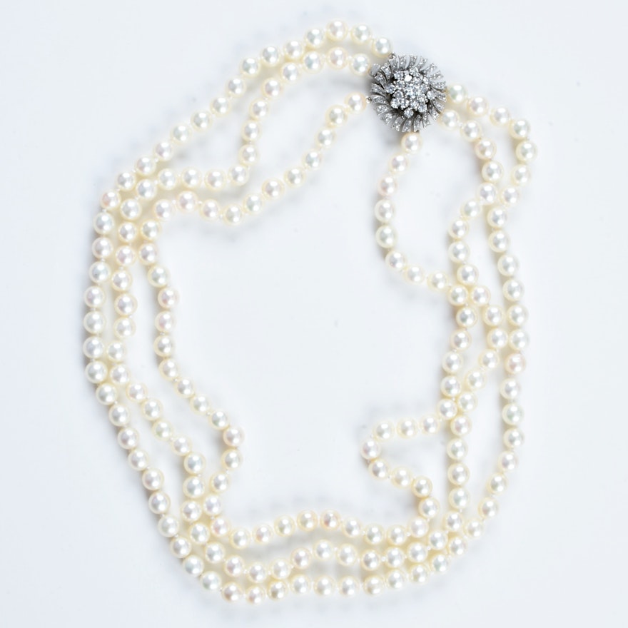 Three Strand Cultured Pearl Necklace with an 18K White Gold and Diamond Clasp