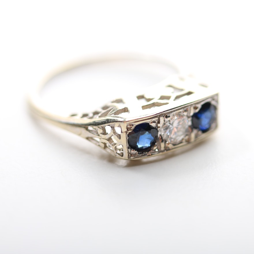 Art Deco 14K White Gold Diamond and Sapphires Ring