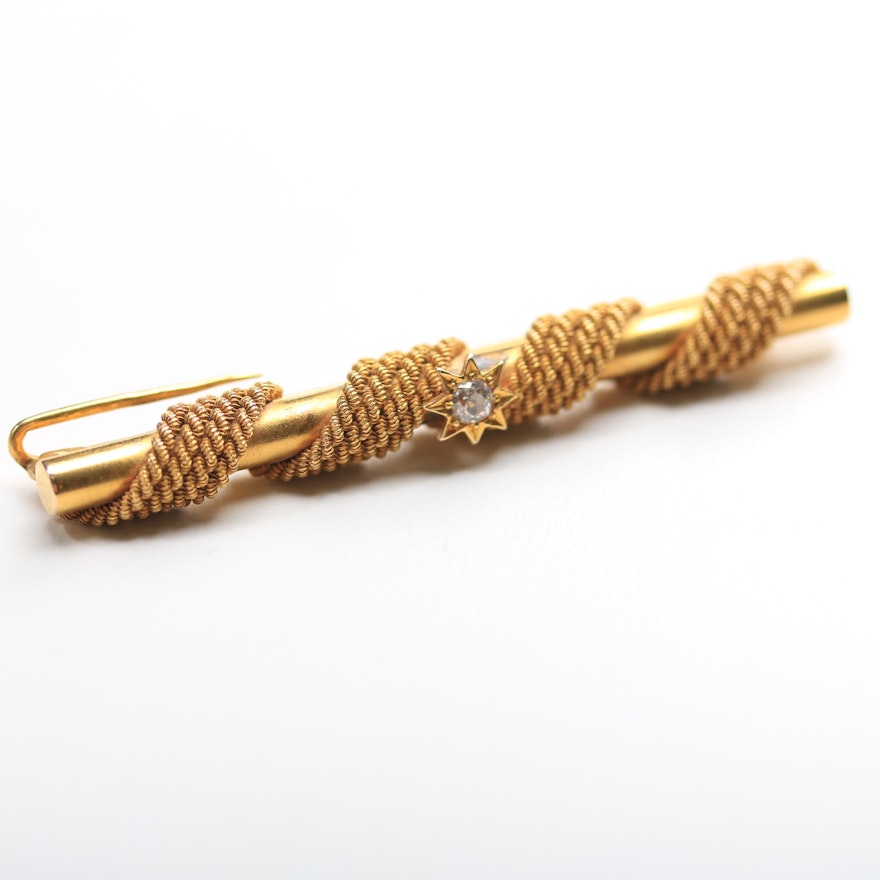 Antique 14K Yellow Gold Old European Cut Diamond Bar Brooch with Rope Accent