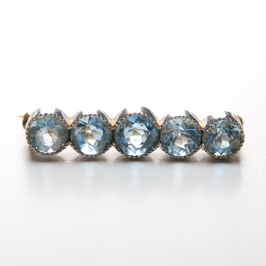 Vintage Mixed Gold and Platinum Five Stone Pale Blue Aquamarine Bar Brooch