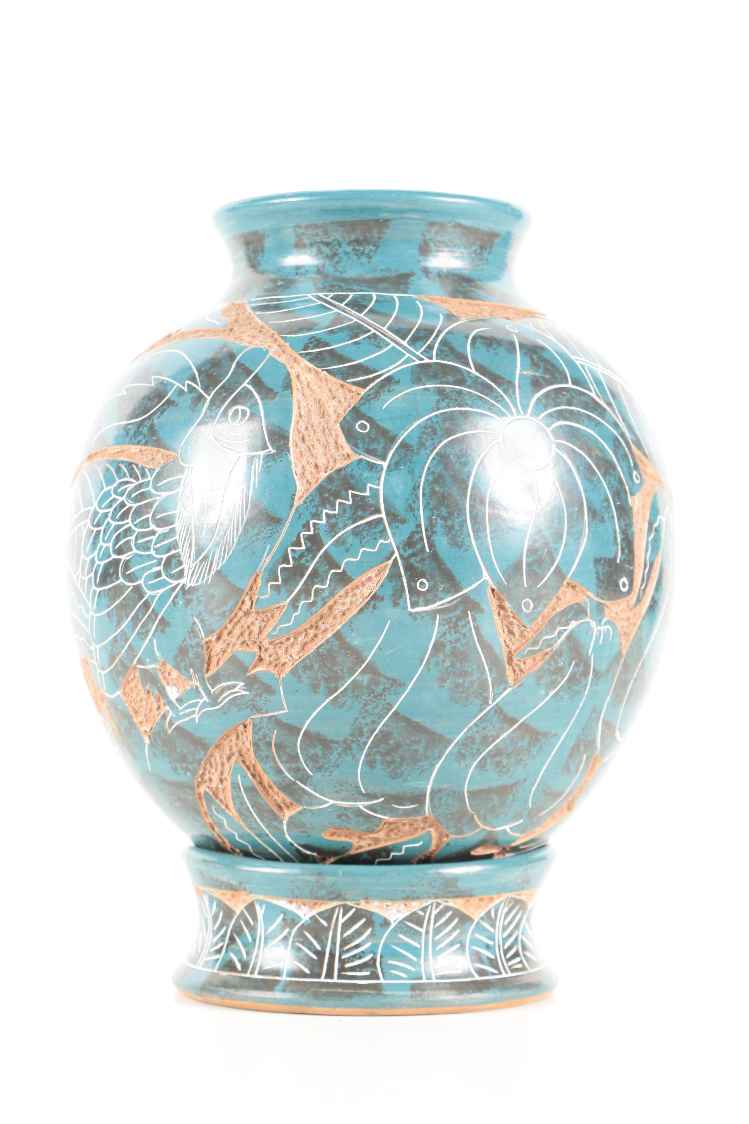 Pair of Hand Thrown Stoneware Vases and Bowl