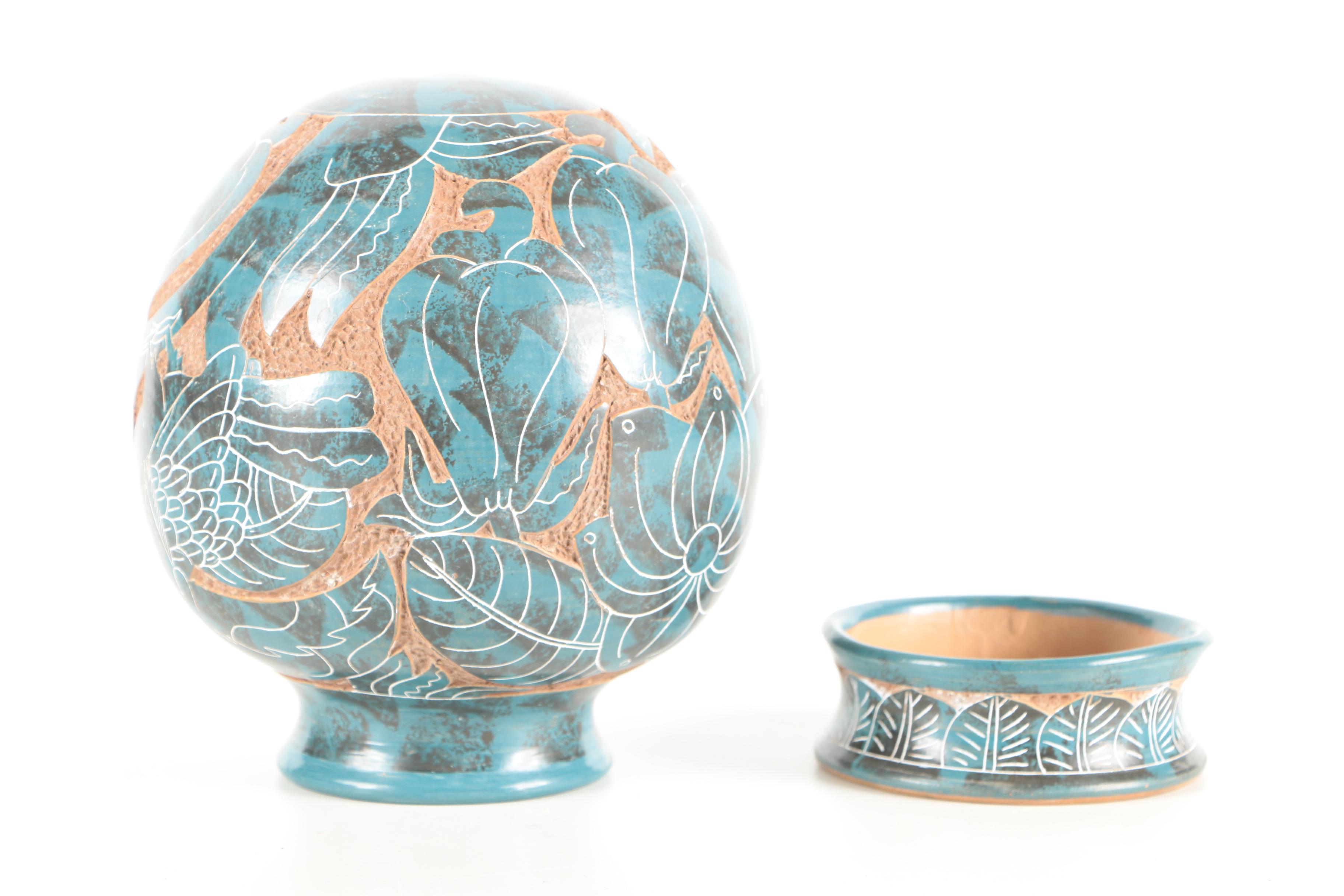 Pair of Hand Thrown Stoneware Vases and Bowl