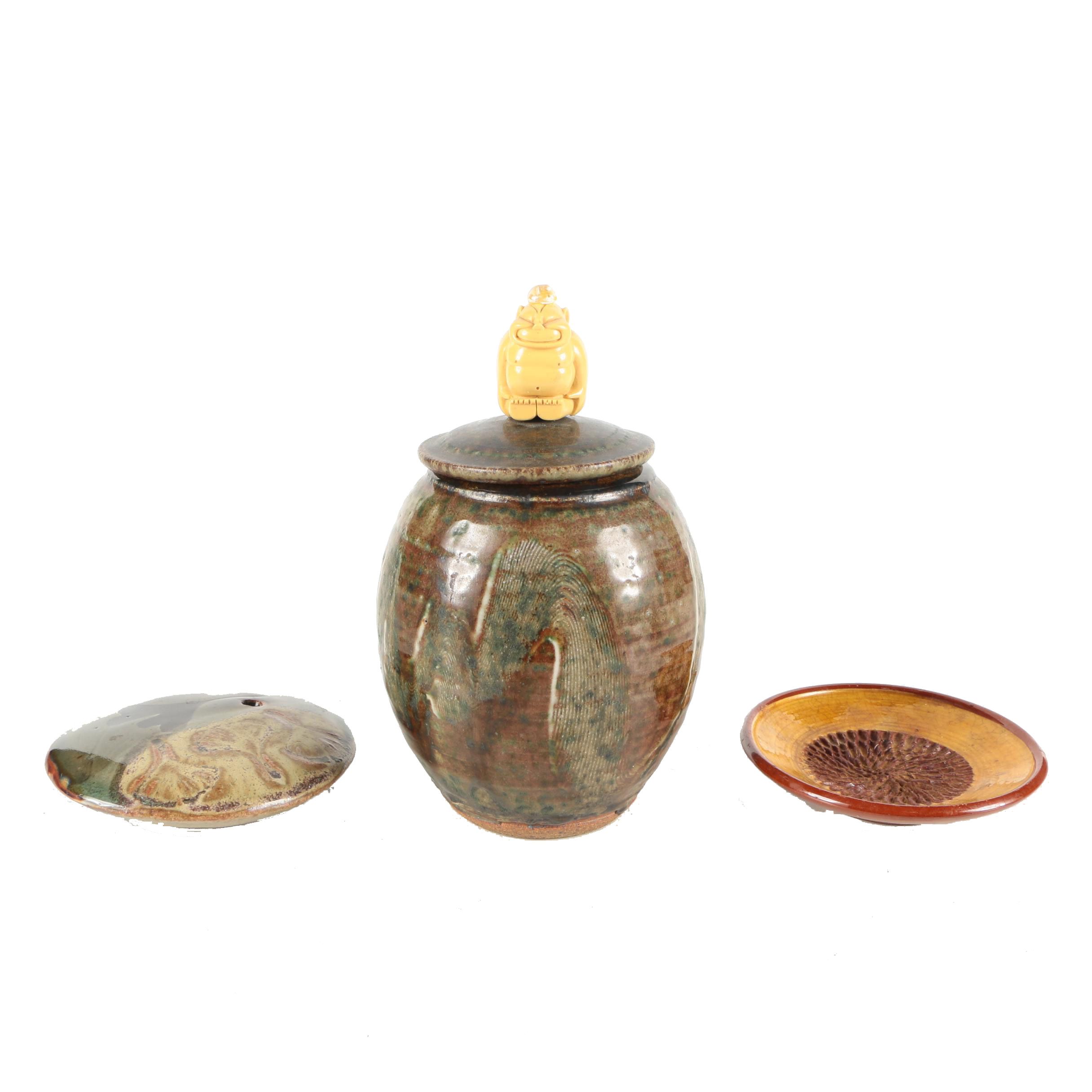 Hand Thrown Stoneware Jar and Covered Plate