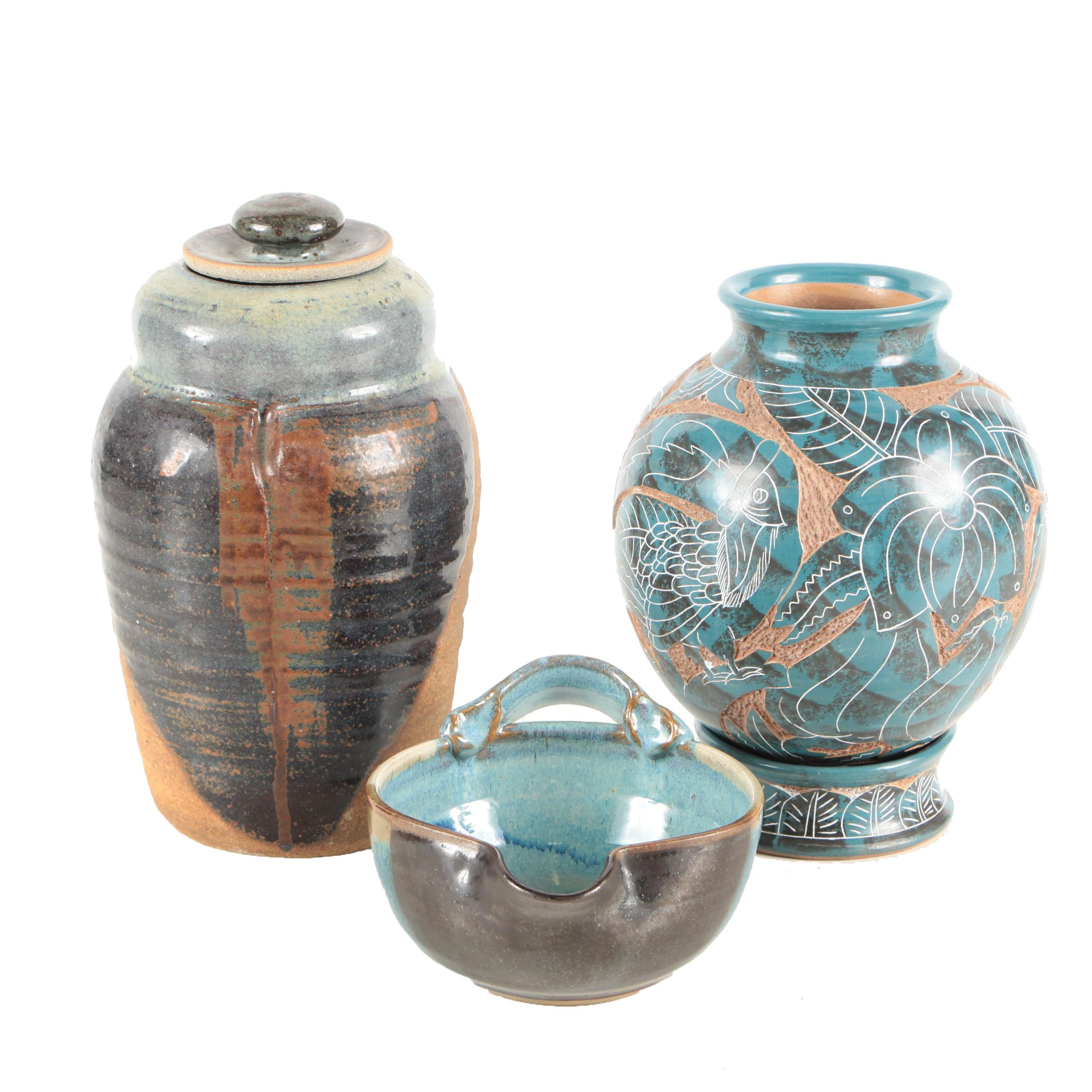 Pair of Hand Thrown Stoneware Vases and Bowl